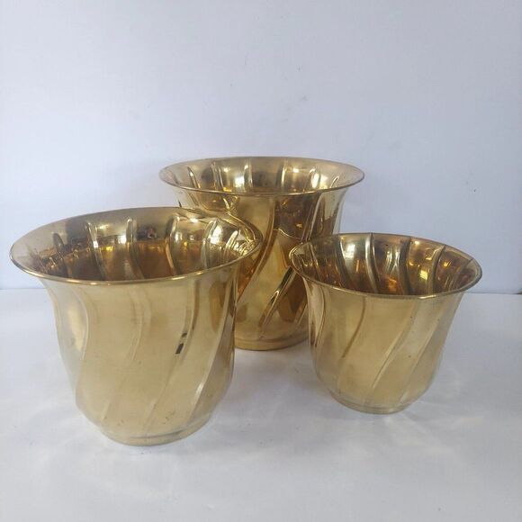 Vintage MCM Style Set Indian AMC Solid Brass Nesting Spiral Bowl Planter Bowls - Picture 1 of 8